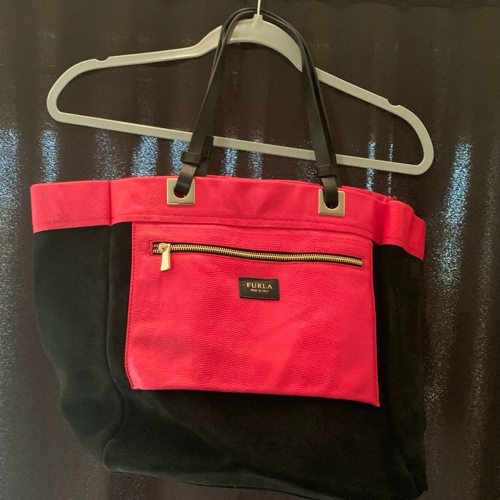 Black / Hot Pink Suede Furla Bag